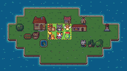 Buildings and residents on the island; the lamplit patch works a night shift